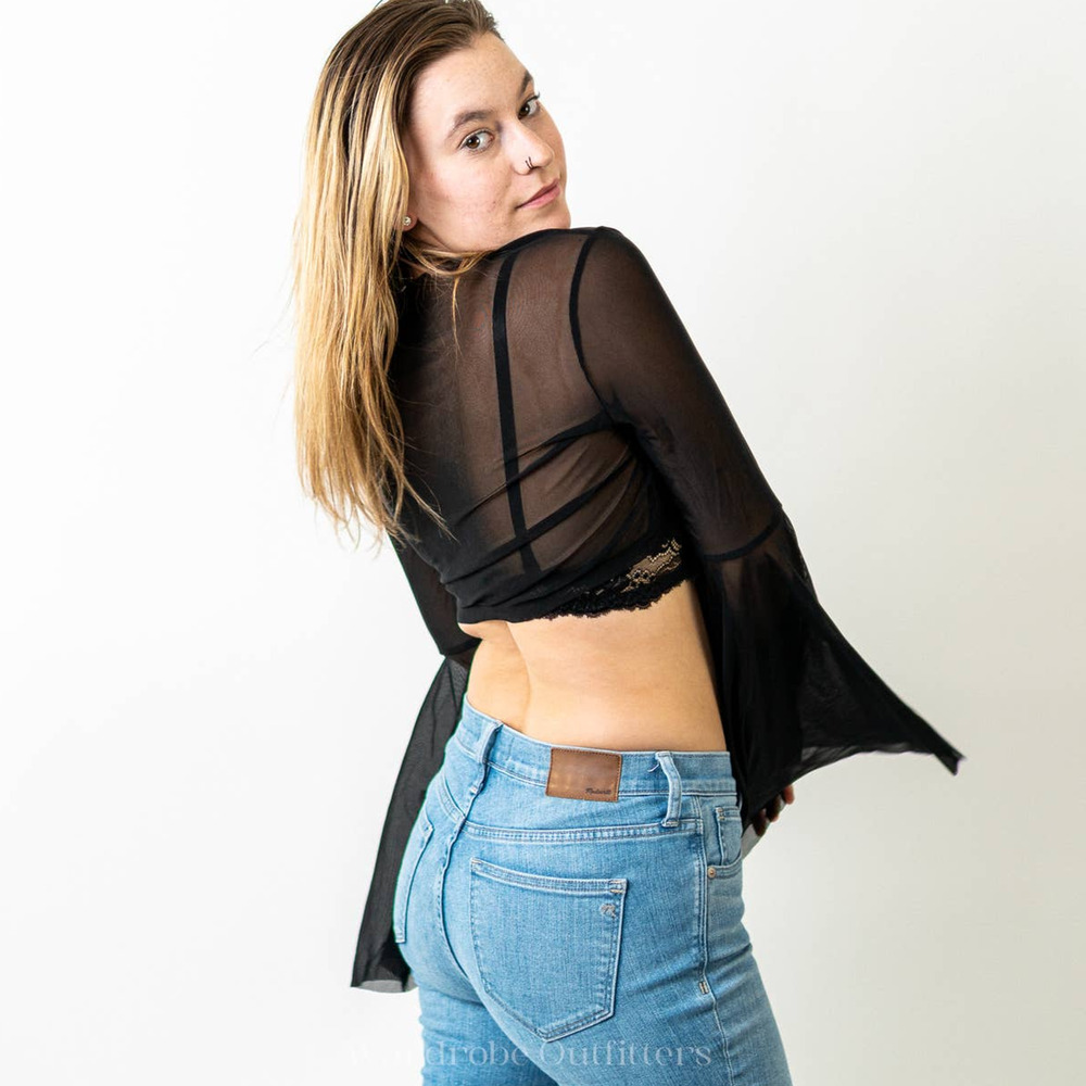 Goth Sheer Black Flounce Sleeve Wrap Top - Picture 6 of 9